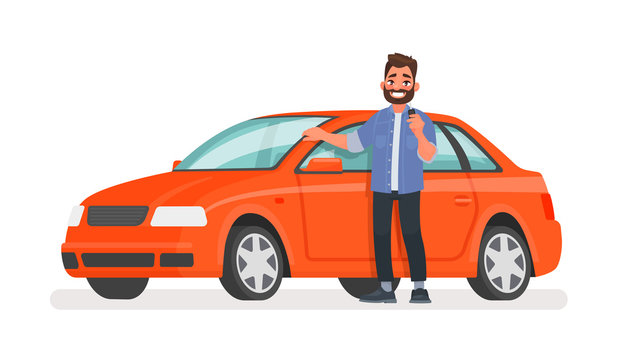 Man Stands Next To A New Car And Holds A Key In His Hand. Happy Vehicle Owner In White Background