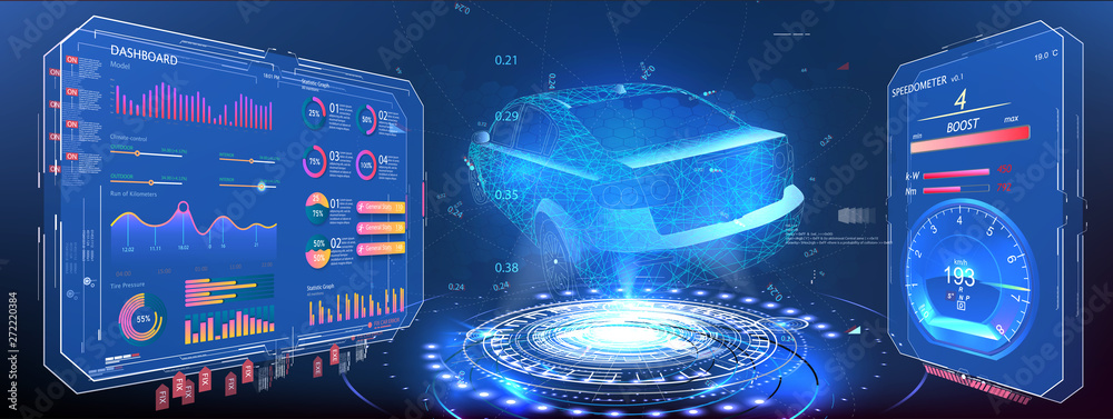 Aufkleber Hologram car. Futuristic auto in style low poly , wireframe in line. Car service in the style of HUD, Cars infographic ui, analysis and diagnostics in the HUD, UI, GUI style, futuristic user interface