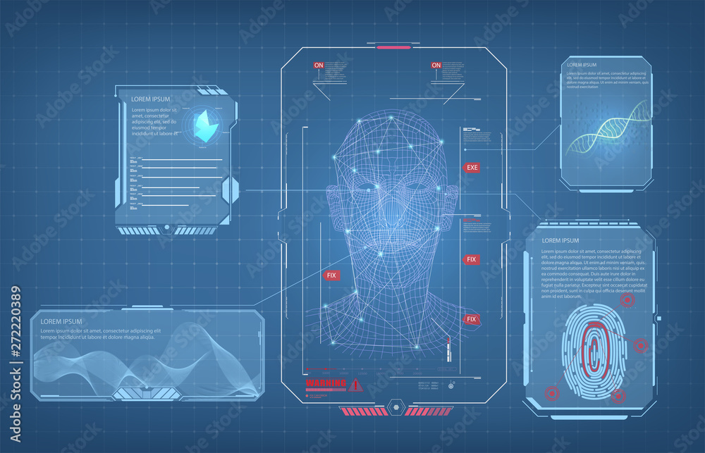 Leinwandbilder Biometric Identification or Recognition System of Person. The facial recognition technology Fingerprint, Voice.Recognition System Concept (Authentication). Set HUD GUI UI Elements. Vector