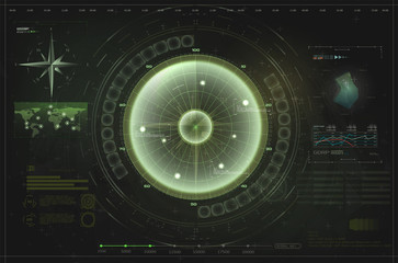 HUD, UI, GUI green interface element radar. Target detection on the radar screen.Blip. Futuristic design elements. Vector illustration
