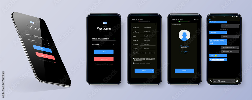 Poster black theme design of mobile application user interface screen . mobile ui kit with welcome window, 