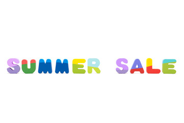 Summer sale - closeup words from colored wooden letters. Summer concept.