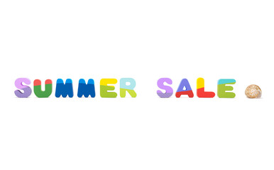 Summer sale - closeup words from colored wooden letters. Seashell. Summer concept.