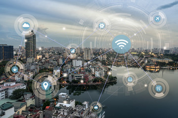 Smart city and wireless communication network concept. Digital network connection lines of Hanoi city at West Lake or Ho Tay