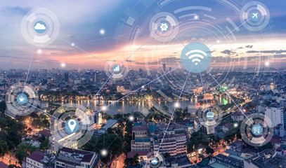 Smart city and wireless communication network concept. Digital network connection lines of Hanoi city at Hoan Kiem lake or Ho Guom