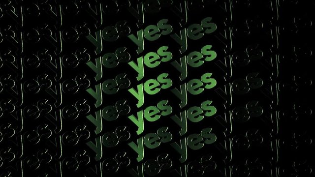 Green lights form luminous text YES flowing on black background, positive decision concept. Animation. Electric style capital letters moving diagonally, seamless loop.