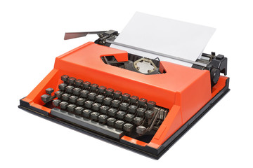 Red typewriter isolated on white background