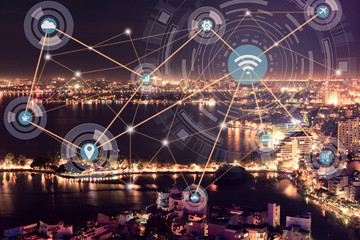 Smart city and wireless communication network concept. Digital network connection lines of Hanoi city, Vietnam at West Lake