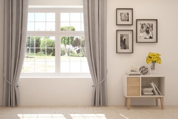 Empty room in white color. Scandinavian interior design. 3D illustration