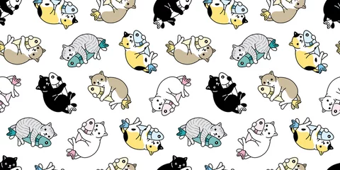 Fotobehang cat seamless pattern vector kitten hug fish calico scarf isolated cartoon tile wallpaper repeat background illustration design © CNuisin