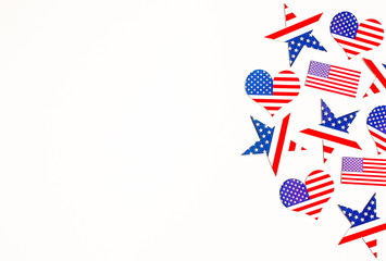 American Independence day background with blue, white and red mixed stars and hearts. Celebration of American independence day, the 4th of July (the Fourth of July). Holiday concept. With copy space. 