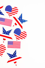American Independence day background with blue, white and red mixed stars and hearts. Celebration of American independence day, the 4th of July (the Fourth of July). Holiday concept. With copy space. 