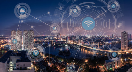 Smart city and wireless communication network concept. Digital network connection lines of Hanoi at Linh Dam lake, Belt Road No. 3