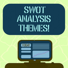 Handwriting text writing Swot Analysis Themes. Concept meaning Subject matter to undergo comprehensive analysis Mounted Computer Screen with Line Graph on Desk Blank Color Text Box