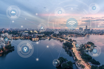 Smart city and wireless communication network concept. Digital network connection lines of Hanoi city at West Lake or Ho Tay
