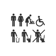 Wc or restroom universal sign set. Ladies, men, disabled, diaper changing restroom vector symbols. Black glyph icons.