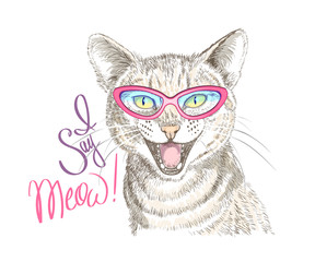 Hand-drawn meowing cat. Print for t-shirts, posters, bags and covers.