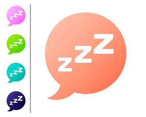 Coral Speech bubble with snoring icon isolated on white background. Concept of sleeping, insomnia, alarm clock app, deep sleep, awakening. Set color icons. Vector Illustration