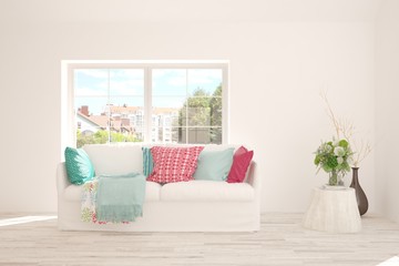 Stylish room in white color with sofa. Scandinavian interior design. 3D illustration