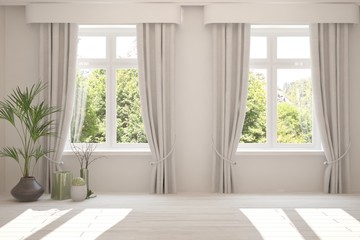 Stylish empty room in white color with summer landscape in window. Scandinavian interior design. 3D illustration