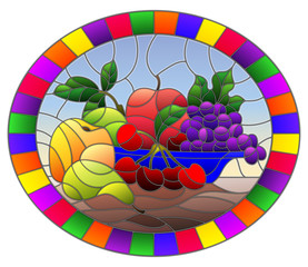 Illustration in stained glass style with still life, fruits and berries in blue bowl, oval image in bright frame