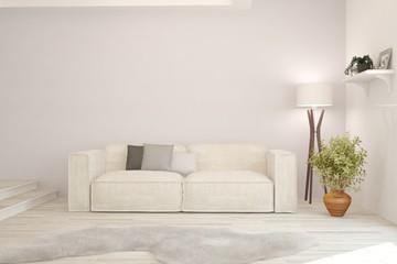 Stylish room in white color with sofa. Scandinavian interior design. 3D illustration