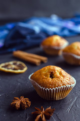 Sweet muffins with on dark textured background.