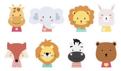 Set of cute animals with giraffe,elephant,lion,llama,fox,zebra and bear.Vector illustration for baby invitation, kid birthday invitation and postcard