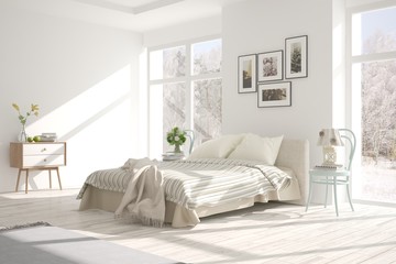Stylish bedroom in white color with winter landscape in window. Scandinavian interior design. 3D illustration
