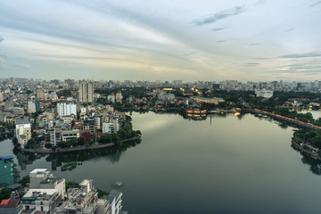 Obraz premium Aerial view of Hanoi skyline at West Lake or Ho Tay. Hanoi cityscape at twilight