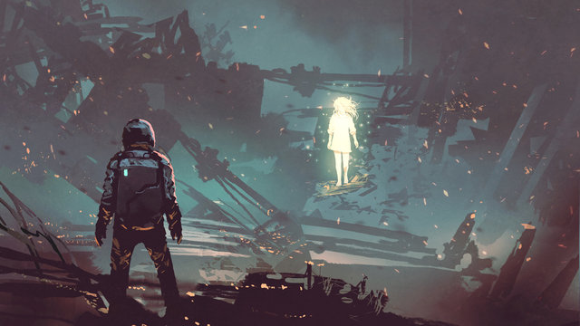 sci-fi scene of the futuristic man facing the glowing girl in abandoned planet, digital art style, illustration painting