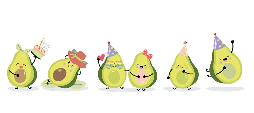 Cute avocado character with hat and heart. Vector illustration for birthday invitation,postcard and sticker