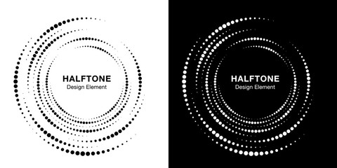 Set of Halftone vortex circle frame dots logo isolated on background. Circular swirl design element for treatment, technology. Incomplete round border Icon using halftone circle dots texture. Vector © Bank Design Elements