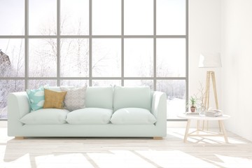 Stylish room in white color with sofa and winter landscape in window. Scandinavian interior design. 3D illustration