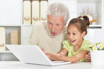 Emotional senior man with granddaughter using laptop