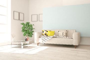 Obraz premium Stylish room in white color with sofa. Scandinavian interior design. 3D illustration