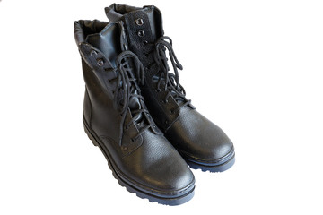 Black army boots on white background. Special footwear. Isolated. A pair of military boots. No people.