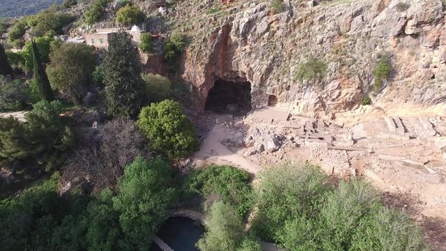 Aerial view of Cave of Banias, Hermon River, ancient ruins. Israel. DJI-0015-04