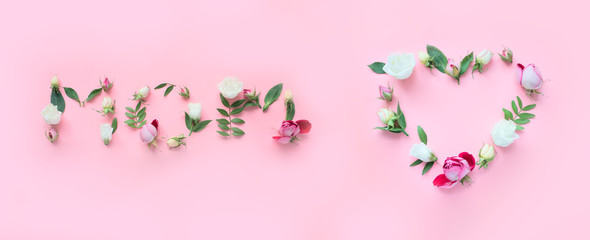 Obraz na płótnie Canvas MOM letters made of flowers on pink background