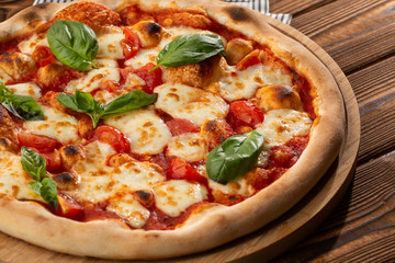 Flyer and poster for Restaurants or pizzerias, template with delicious taste margarita pizza, mozzarella cheese, cherry tomatoes.