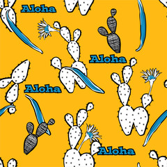 Seamless pattern vector Cute and bright cactus with ALOHA greeting text ,design for fashion ,fabric,web,wallpaper, and all prints
