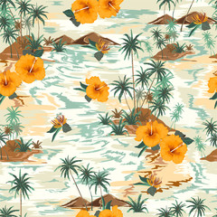 Fototapeta na wymiar Retro seamless island pattern Landscape with palm treeshibicus,flowers,beach and ocean vector hand drawn style