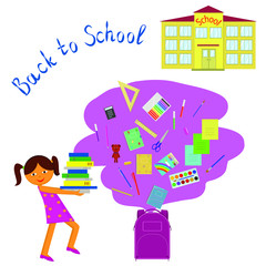 Fototapeta na wymiar Back to school vector image of a girl going to school. Vector image of school, girl and school supplies