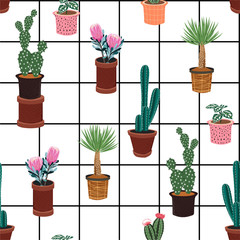 Vector seamless pattern with different cactus in many kind of pots on window check line ,Hand drawing background with desert plants ,design for fashion fabric,web wallpaper  and all prints