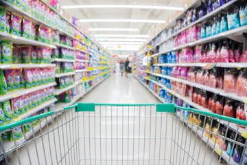 Blurred food and drink on shelf in supermarket