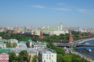 Beautiful summer view of the Moscow Kremlin from the observation deck of the Cathedral of Christ the Saviour, Russia