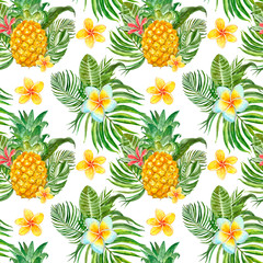 Summer tropical print. Watercolor seamless pattern with exotic plants, flowers and fruits. Green palm leaf, pineapple on white background.