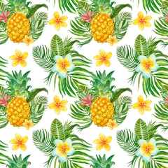 Foto op Canvas Summer tropical print. Watercolor seamless pattern with exotic plants, flowers and fruits. Green palm leaf, pineapple on white background. © Anna Nekotangerine