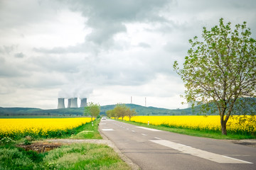 The road between the mustard fields on the background of the pipes of the plant and the cloudy sky