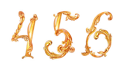 Golden numbers 4,5,6 in baroque style, watercolor painting on white background, isolated.